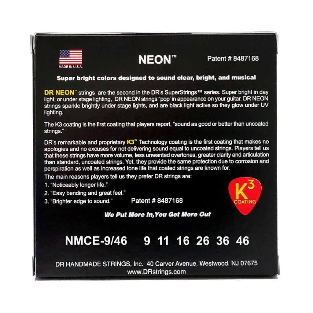 DR Hi-Def Neon Multi-Color K3 Coated Electric Guitar Strings - Light to Medium 9-46 Guitar Strings Sky Music