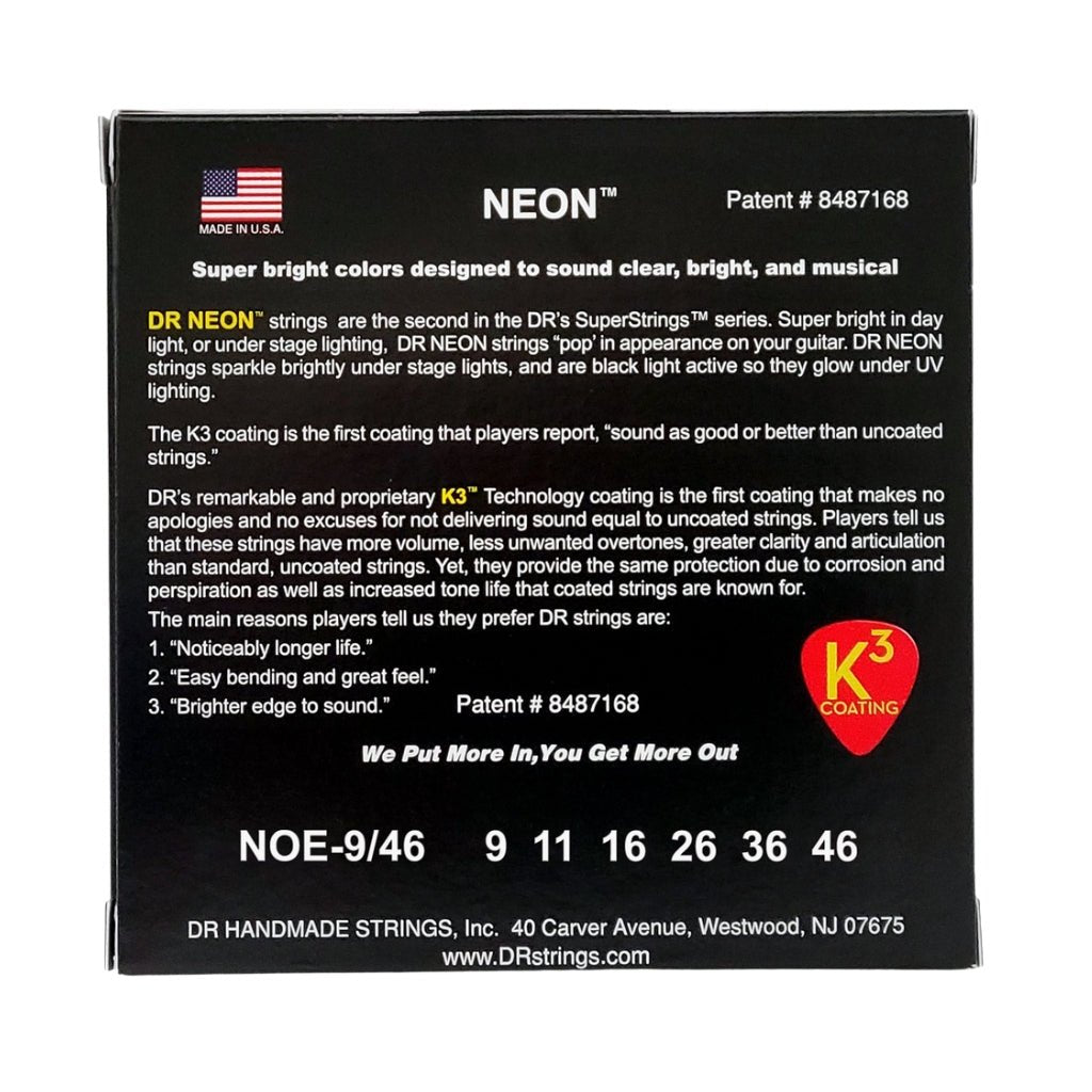 DR Hi-Def Neon Orange K3 Coated Electric Guitar Strings - Light to Medium 9-46 Guitar Strings Sky Music
