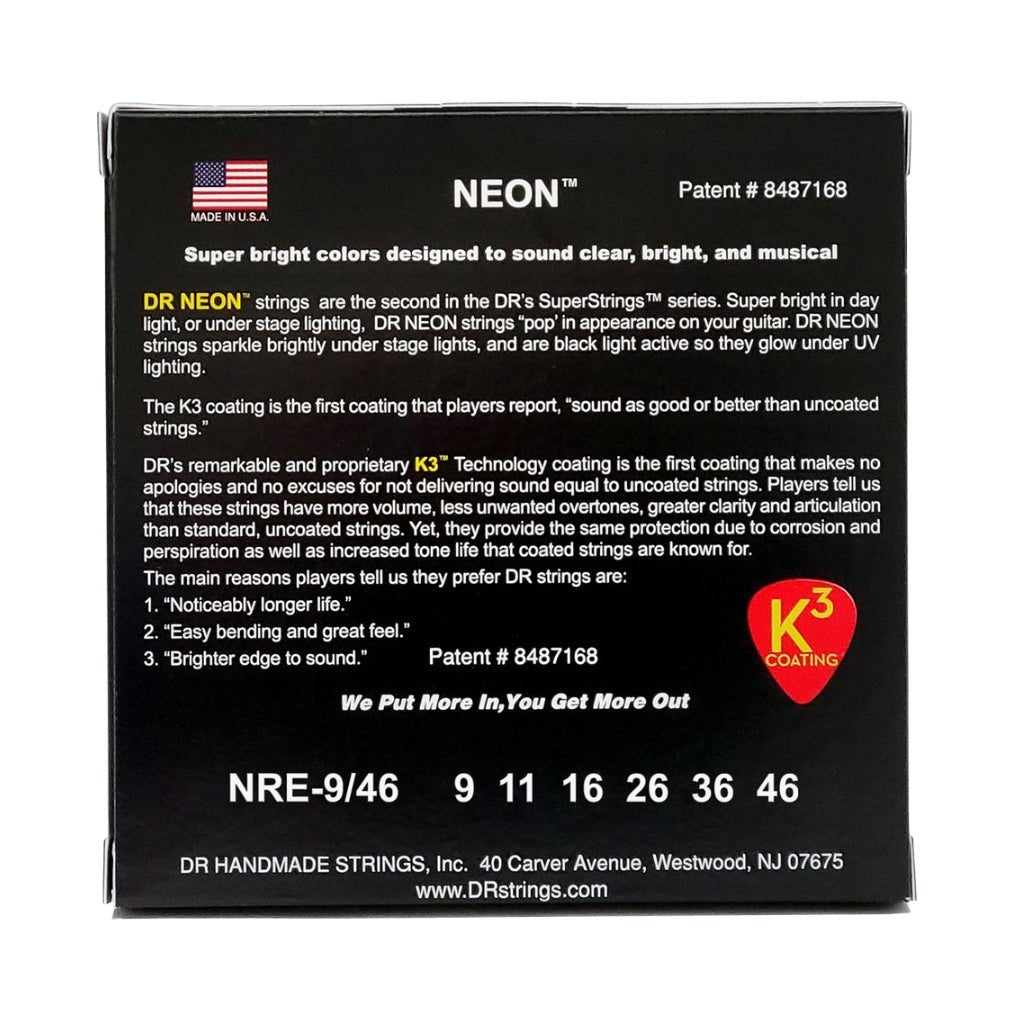 DR Hi-Def Neon Red K3 Coated Electric Guitar Strings - Light to Medium 9-46 Guitar Strings Sky Music