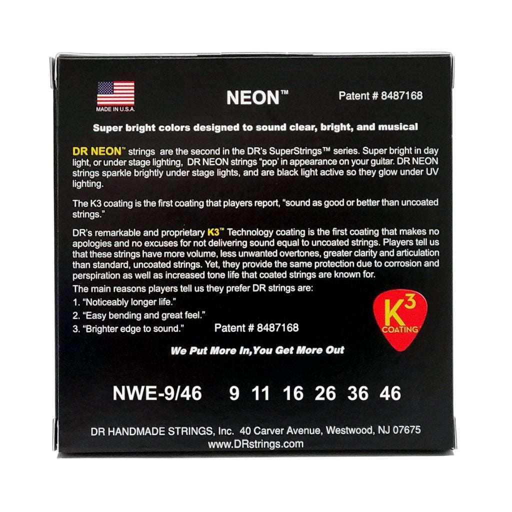 DR Hi-Def Neon White K3 Coated Electric Guitar Strings – Light to Medium 9-46 Guitar Strings Sky Music