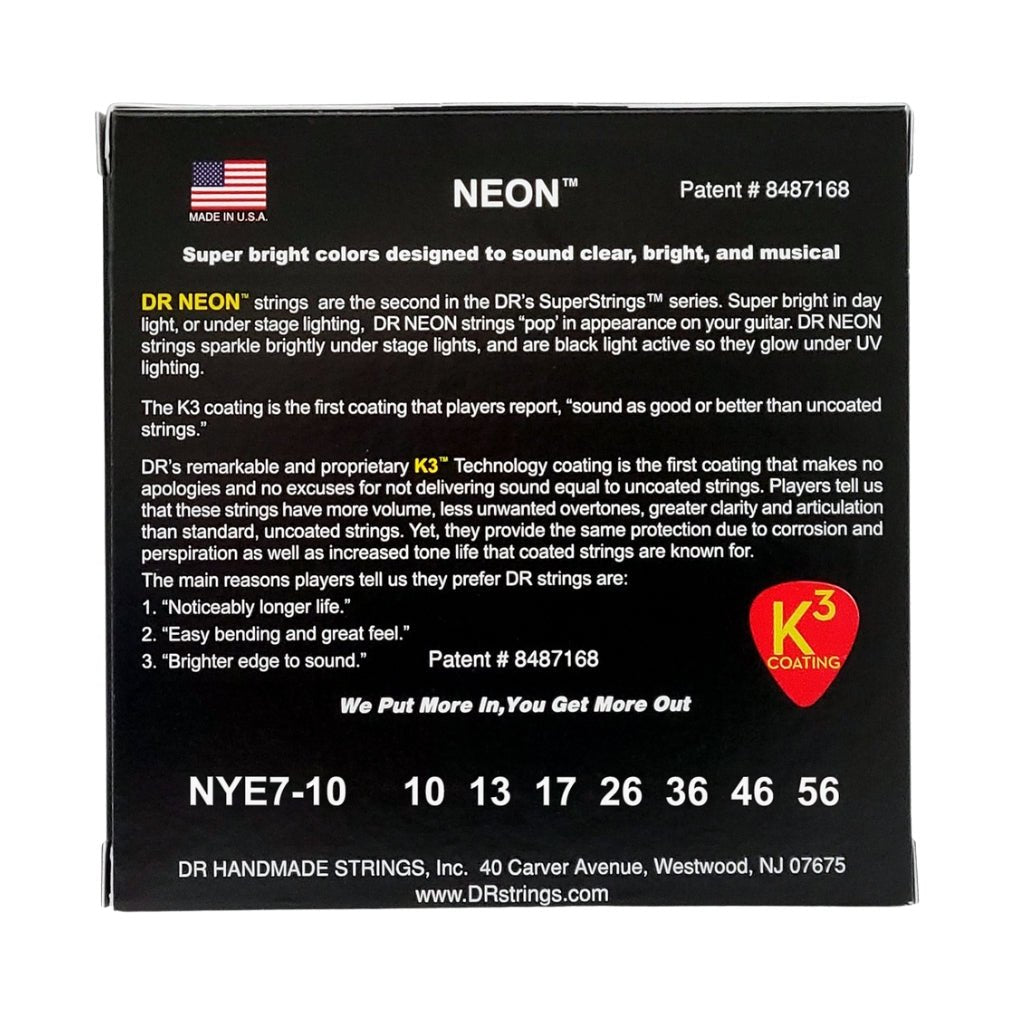 DR Hi-Def Neon Yellow K3 Coated Electric Guitar Strings - 7-String Medium 10-56 Guitar Strings Sky Music