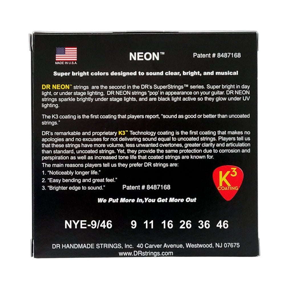 DR Hi-Def Neon Yellow K3 Coated Electric Guitar Strings - Light to Medium 9-46 Guitar Strings Sky Music