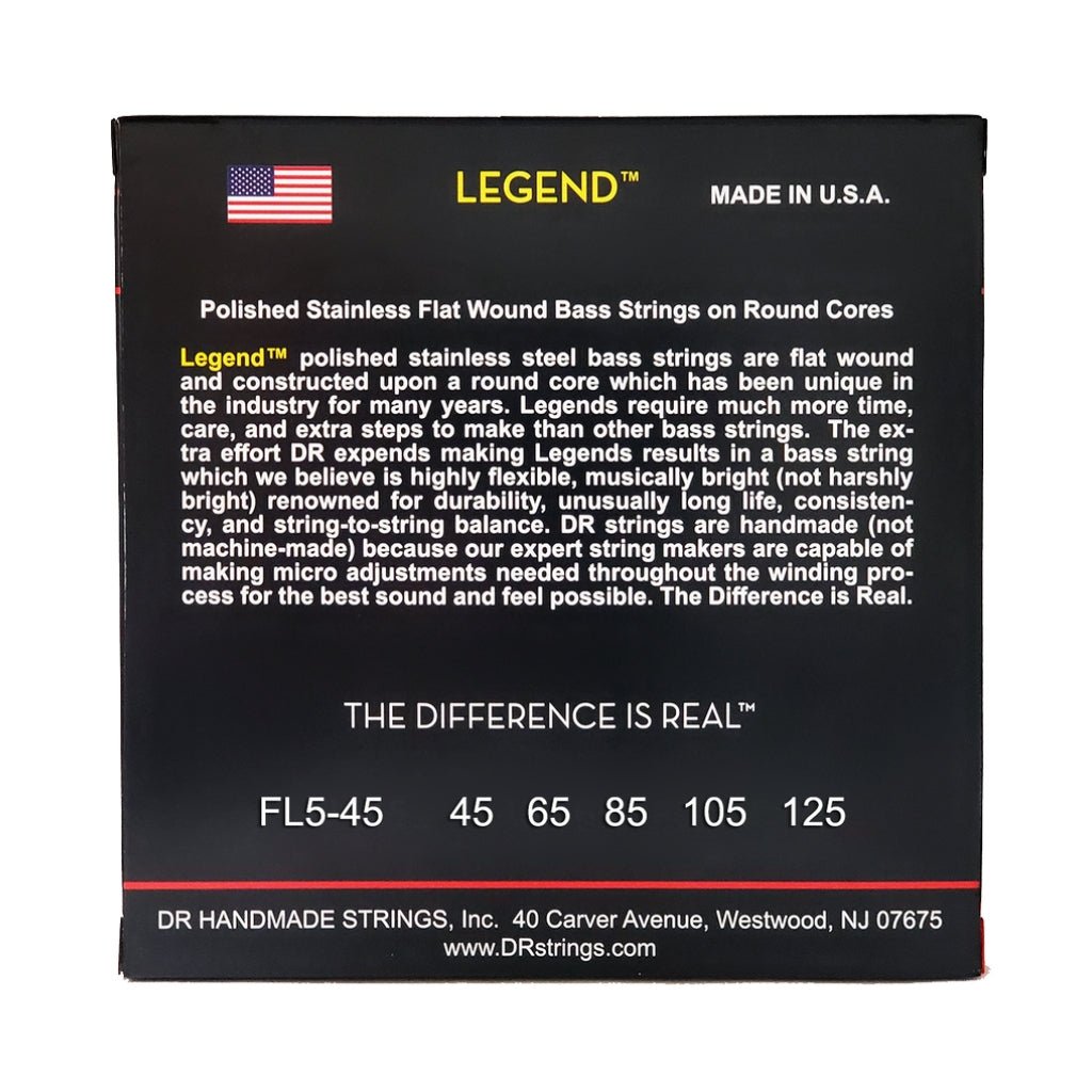DR Legend Polished Flatwound 5-string Stainless Steel Bass Strings - Medium 45-125 Bass Strings Sky Music