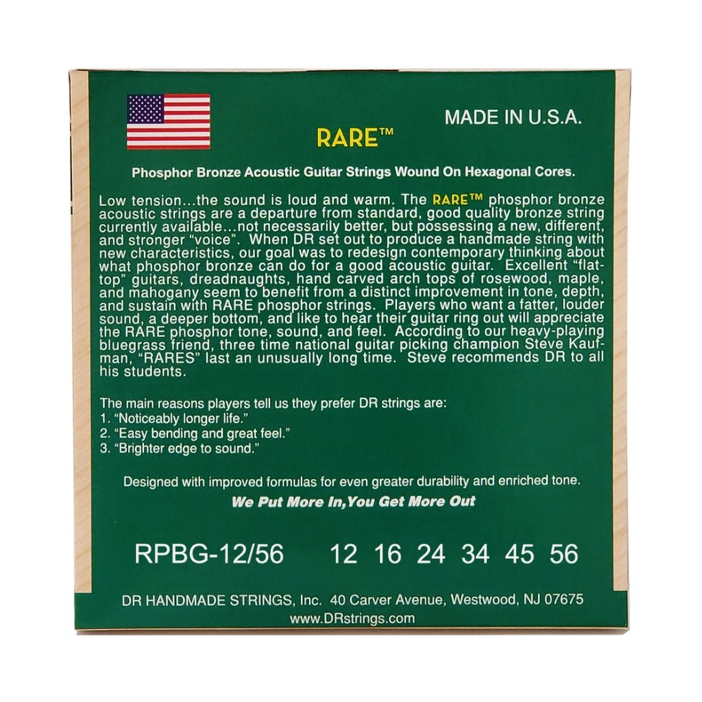 DR Rare Phosphor Bronze Acoustic Guitar Strings - Bluegrass 12-56 Guitar Strings Sky Music
