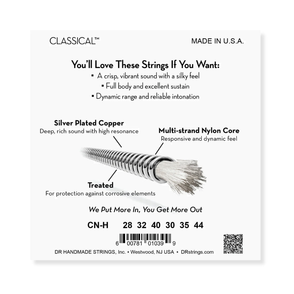 DR Strings Classical Nylon Silver-Plated Strings - Hard Tension 28-44 Fretted Instrument Strings Sky Music