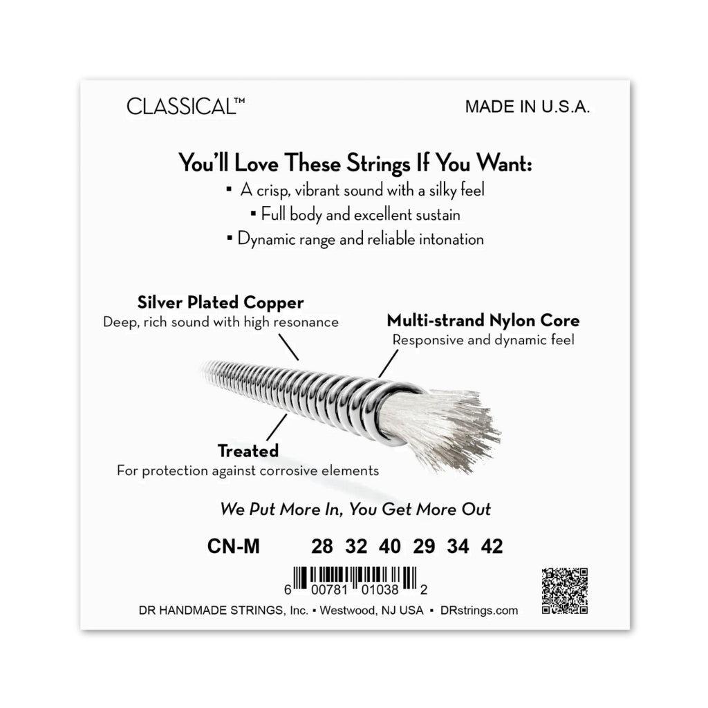 DR Strings Classical Nylon Silver-Plated Strings - Medium Tension 28-42 Fretted Instrument Strings Sky Music