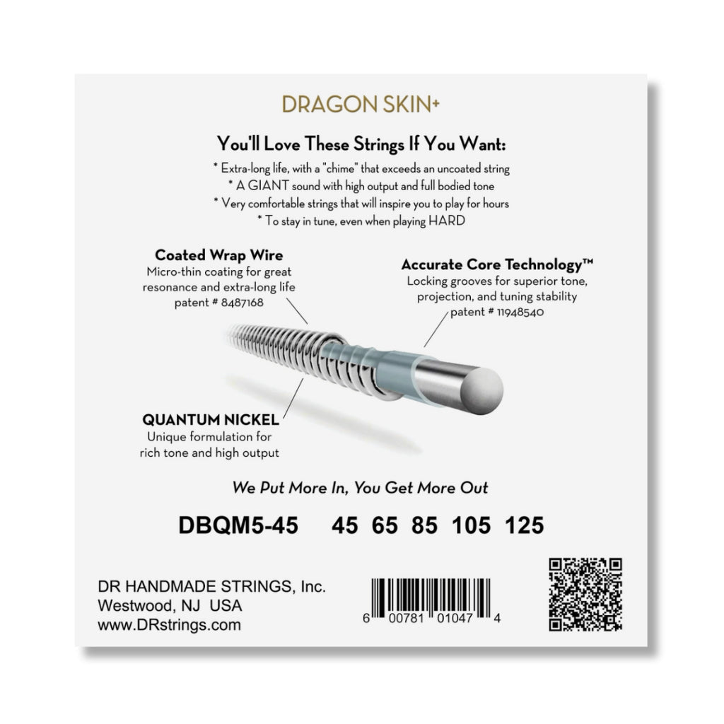 DR Strings Dragon Skin+ 5-string Quantum Nickel Bass Strings - Multi-Scale Medium 45-125 Guitar Straps Sky Music