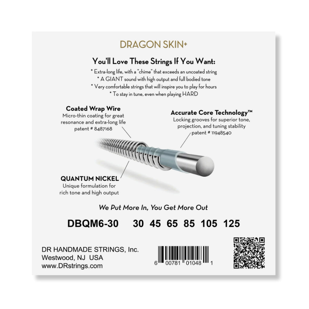 DR Strings Dragon Skin+ 6-string Quantum Nickel Bass Strings - Multi-Scale Medium 30-125 Guitar Straps Sky Music