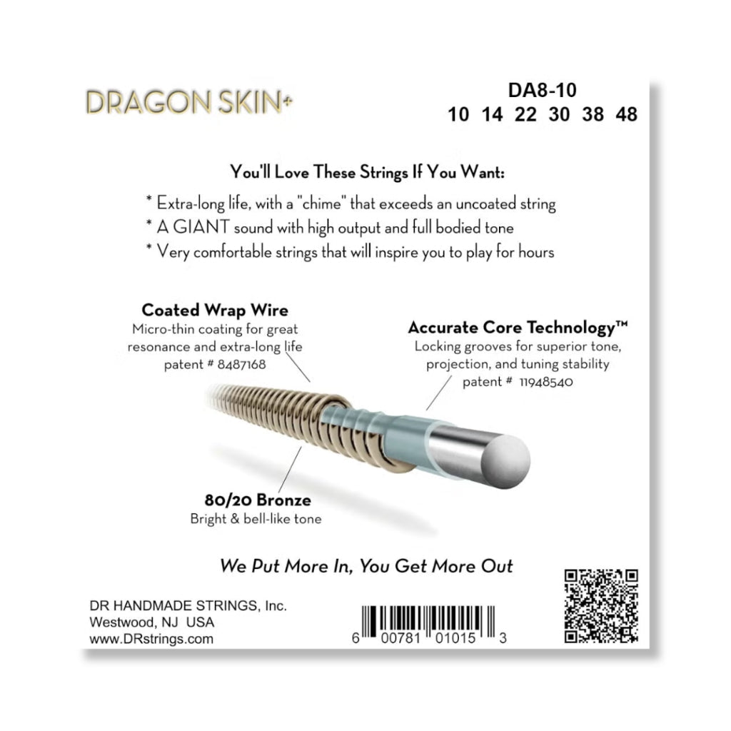DR Strings Dragon Skin+ 80/20 Bronze Acoustic Guitar String - Extra Light 10-48 Guitar Straps Sky Music