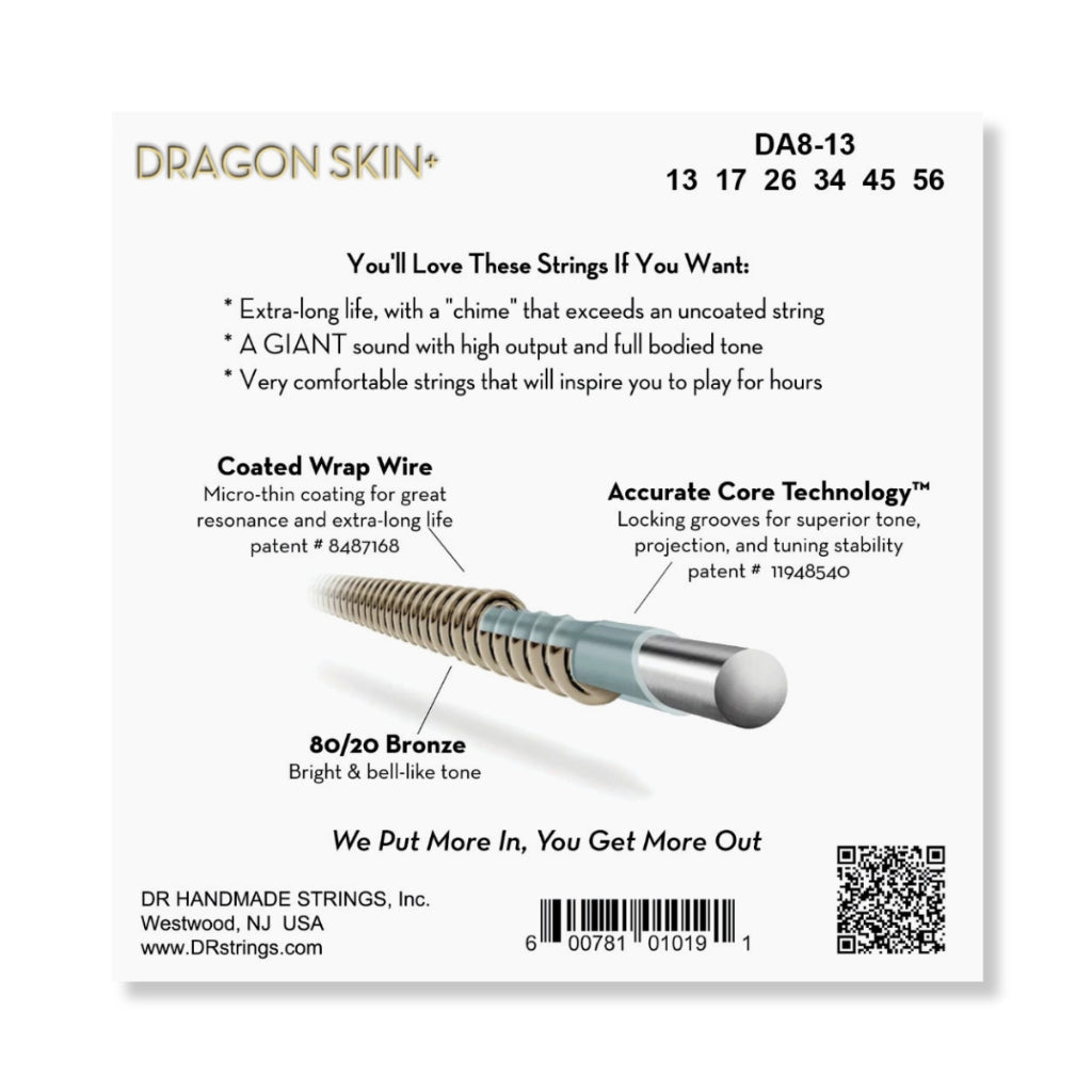 DR Strings Dragon Skin+ 80/20 Bronze Acoustic Guitar String - Medium 13-56 Guitar Straps Sky Music