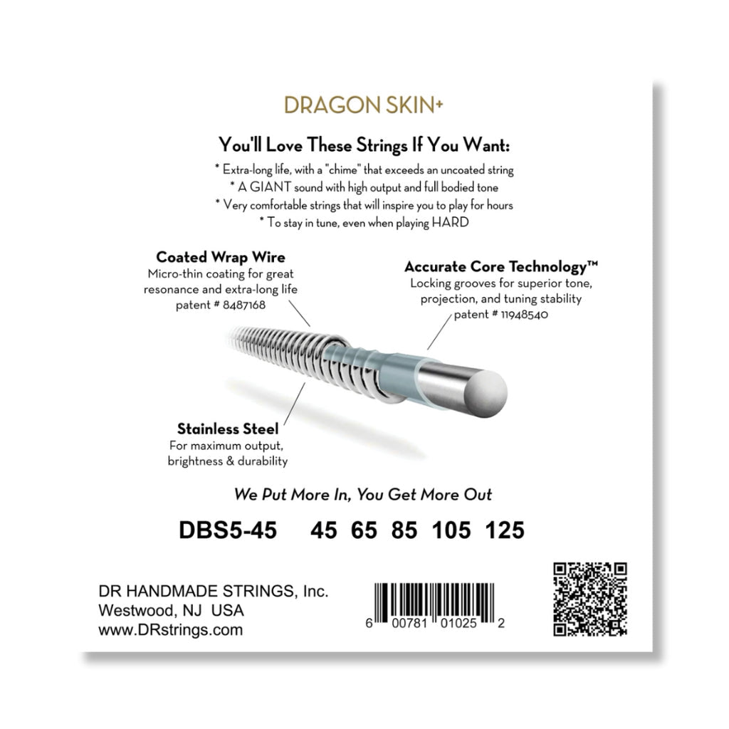 DR Strings Dragon Skin+ Coated 5-string Bass Guitar Strings - Medium 45-125 Guitar Straps Sky Music