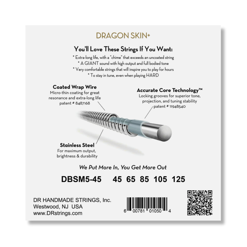 DR Strings Dragon Skin+ Coated 5-String Multi-Scale Bass Guitar Strings - 45-125 Guitar Straps Sky Music