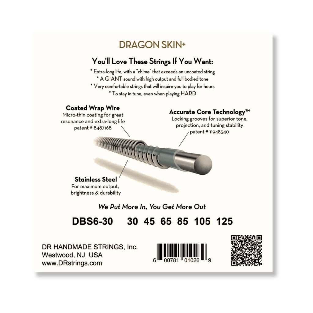 DR Strings Dragon Skin+ Coated 6-string Bass Guitar Strings - Medium 30-125 Guitar Straps Sky Music