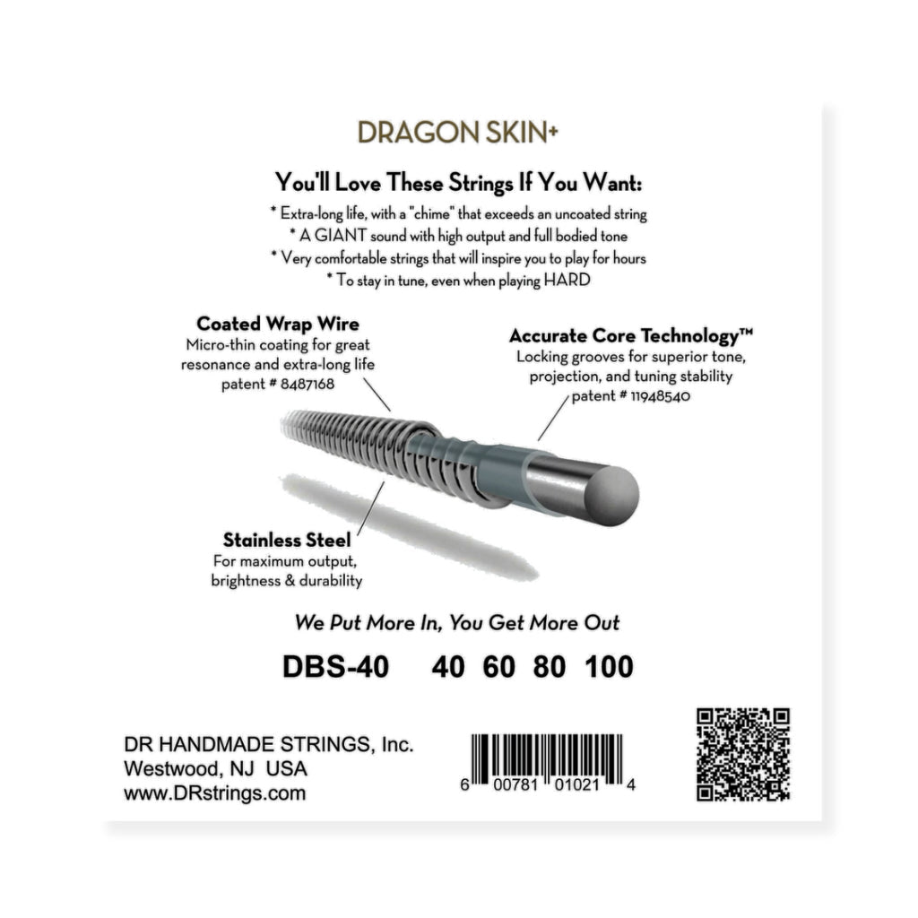 DR Strings Dragon Skin+ Coated Bass Guitar Strings - Light 40-100 Guitar Straps Sky Music