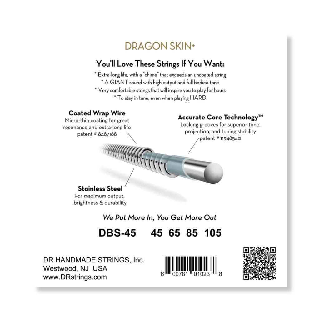 DR Strings Dragon Skin+ Coated Bass Guitar Strings - Light to Medium 45-105 Guitar Straps Sky Music