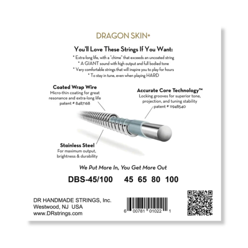 DR Strings Dragon Skin+ Coated Bass Guitar Strings - Medium 45-100 Guitar Straps Sky Music