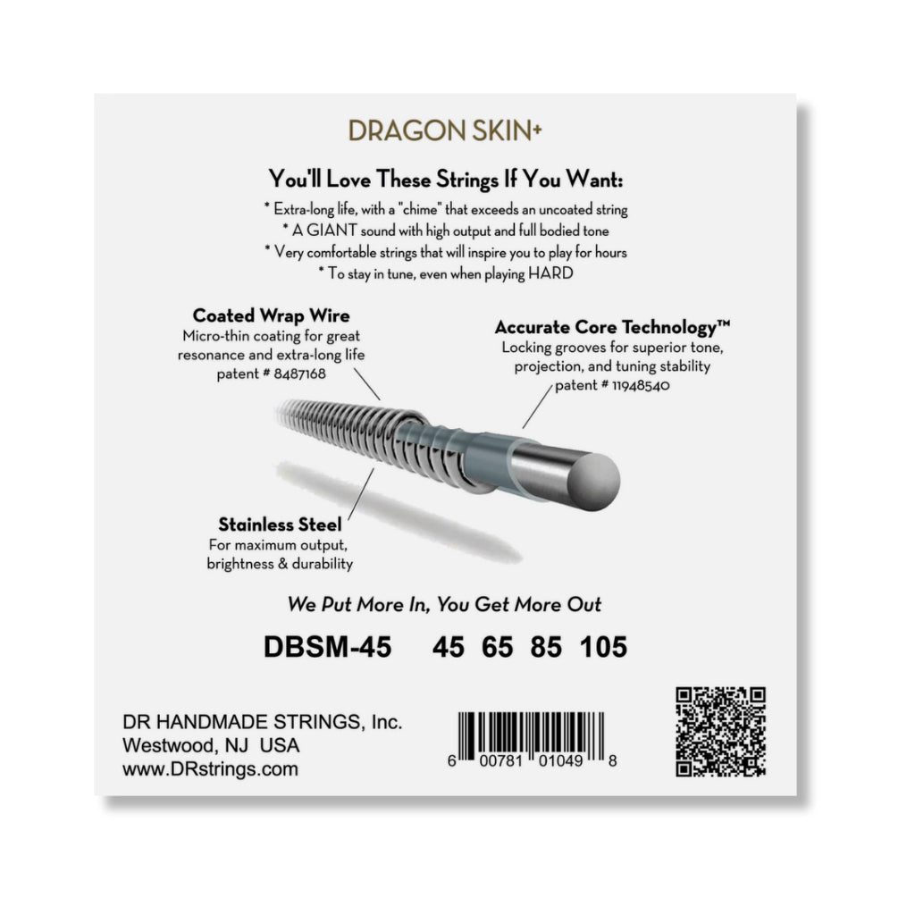 DR Strings Dragon Skin+ Coated Multi-Scale Bass Guitar Strings - 45-105 Guitar Straps Sky Music
