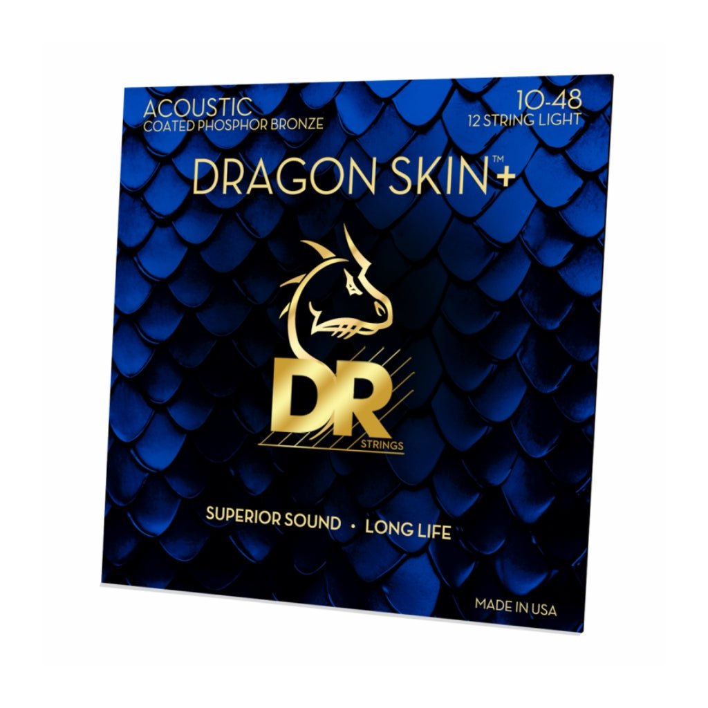 DR Strings Dragon Skin+ Phosphor Bronze Coated 12-string Acoustic Guitar Strings - Light 10-48 Guitar Straps Sky Music