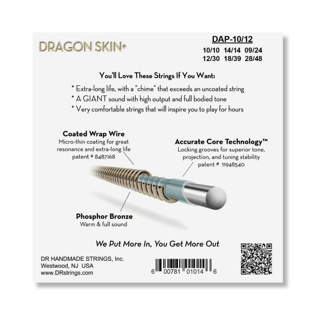 DR Strings Dragon Skin+ Phosphor Bronze Coated 12-string Acoustic Guitar Strings - Light 10-48 Guitar Straps Sky Music