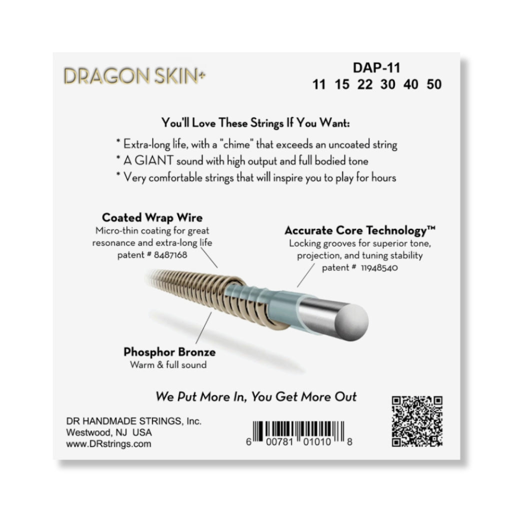 DR Strings Dragon Skin+ Phosphor Bronze Coated Acoustic Guitar Strings - Custom Light 11-50 Guitar Straps Sky Music