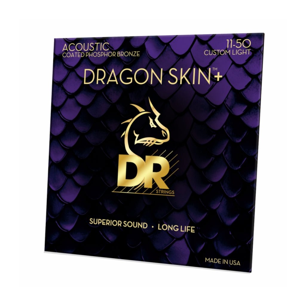 DR Strings Dragon Skin+ Phosphor Bronze Coated Acoustic Guitar Strings - Custom Light 11-50 Guitar Straps Sky Music
