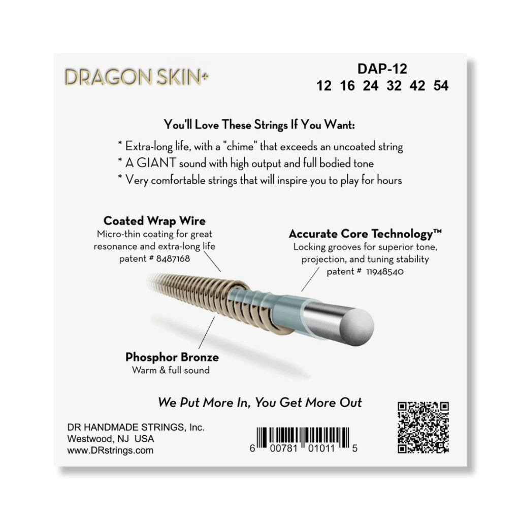 DR Strings Dragon Skin+ Phosphor Bronze Coated Acoustic Guitar Strings - Custom Light 12-54 Guitar Straps Sky Music
