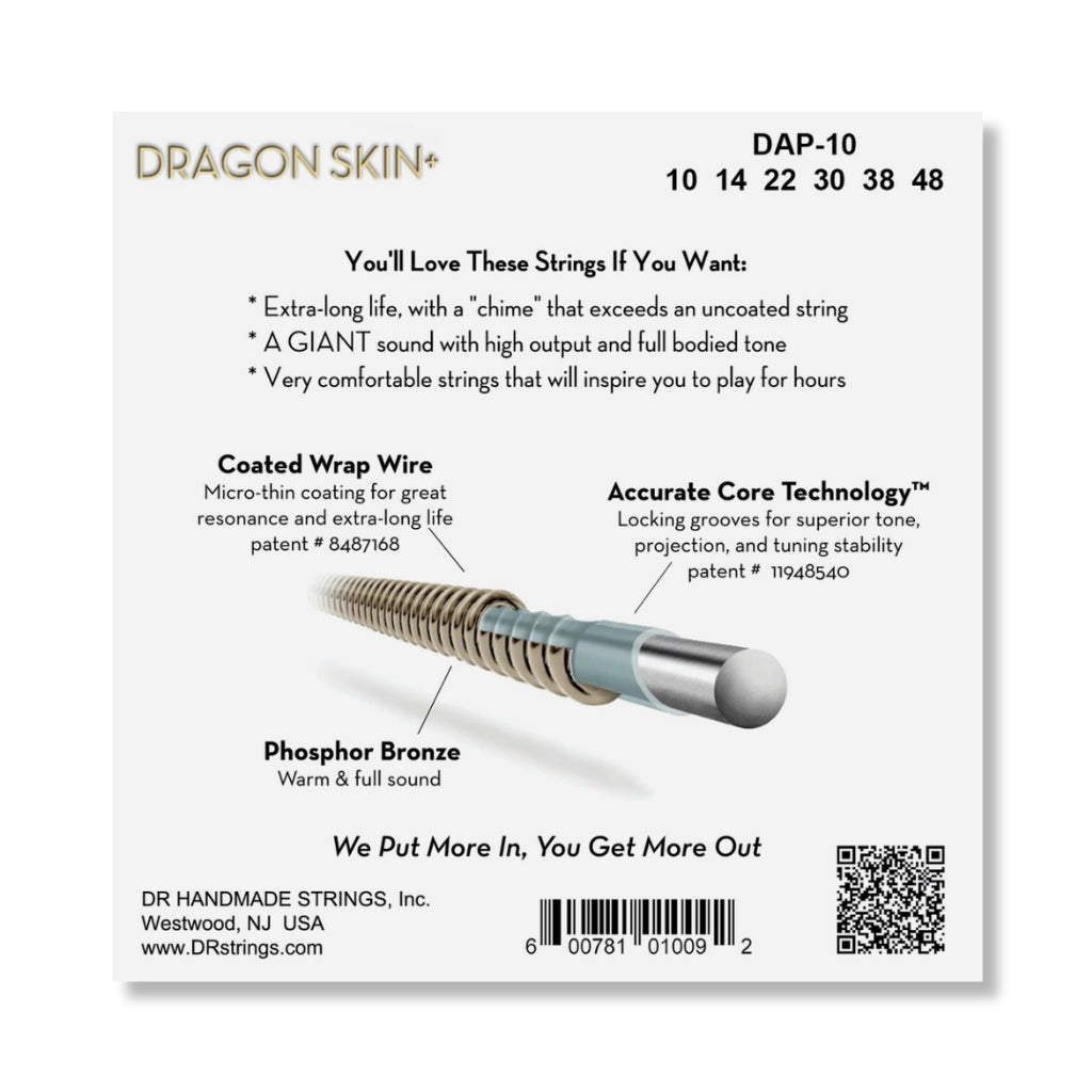 DR Strings Dragon Skin+ Phosphor Bronze Coated Acoustic Guitar Strings - Extra Light 10-48 Guitar Straps Sky Music