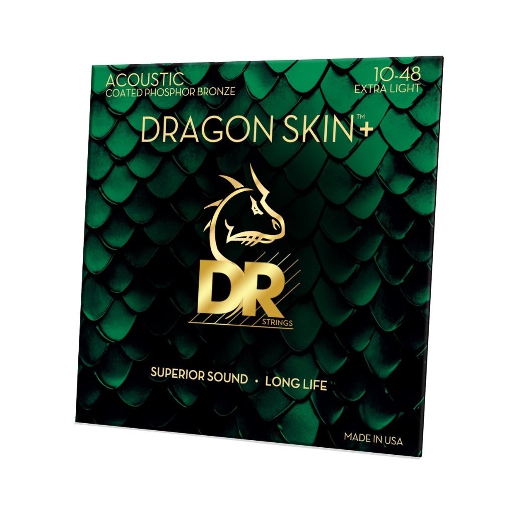 DR Strings Dragon Skin+ Phosphor Bronze Coated Acoustic Guitar Strings - Extra Light 10-48 Guitar Straps Sky Music