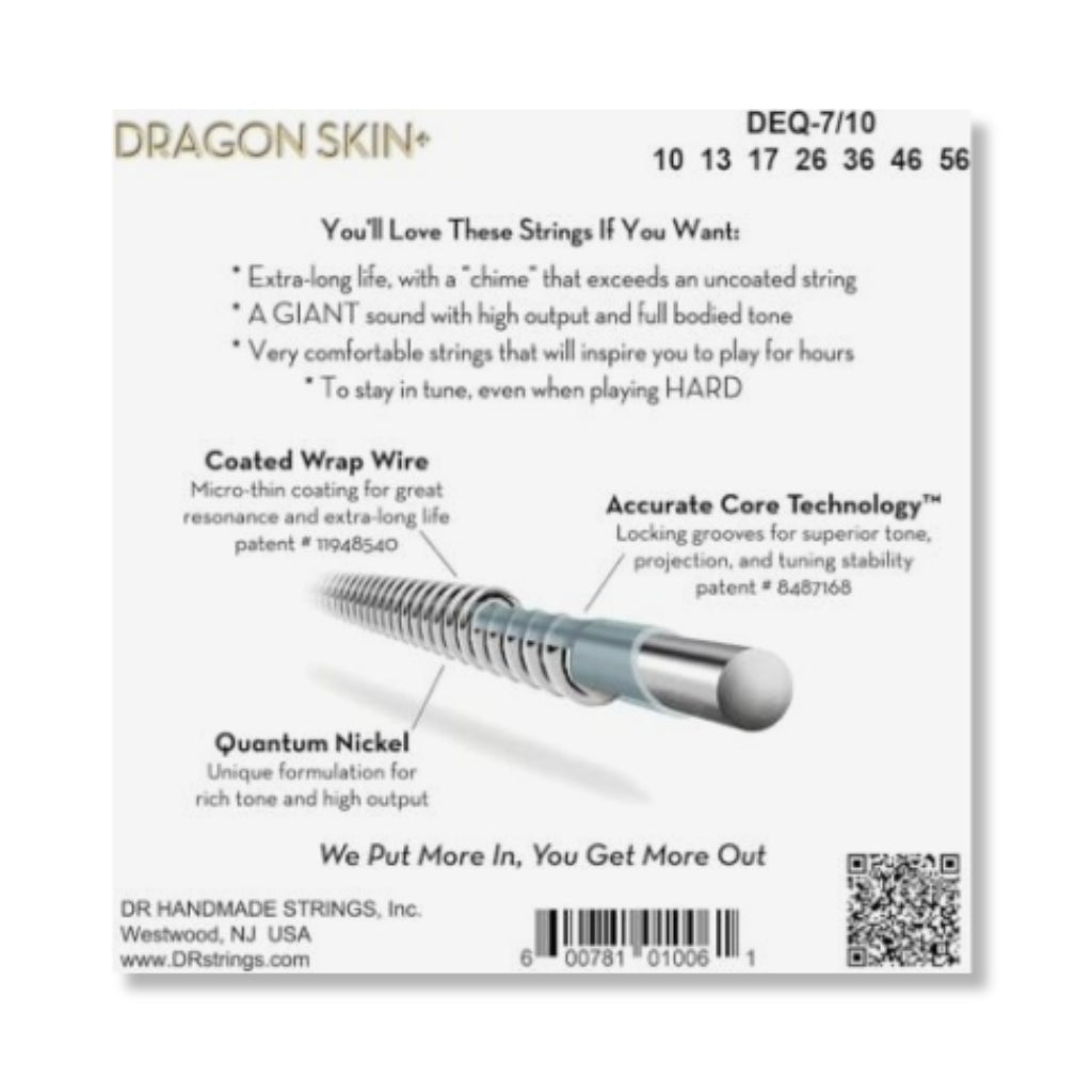 DR Strings Dragon Skin+ Quantum Nickel 7-string Electric Guitar Strings - Medium 10-56 Guitar Straps Sky Music