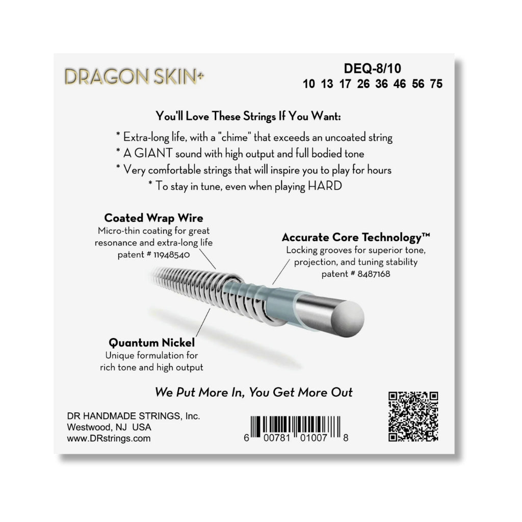 DR Strings Dragon Skin+ Quantum Nickel 8-string Electric Guitar Strings - Medium 10-75 Guitar Straps Sky Music
