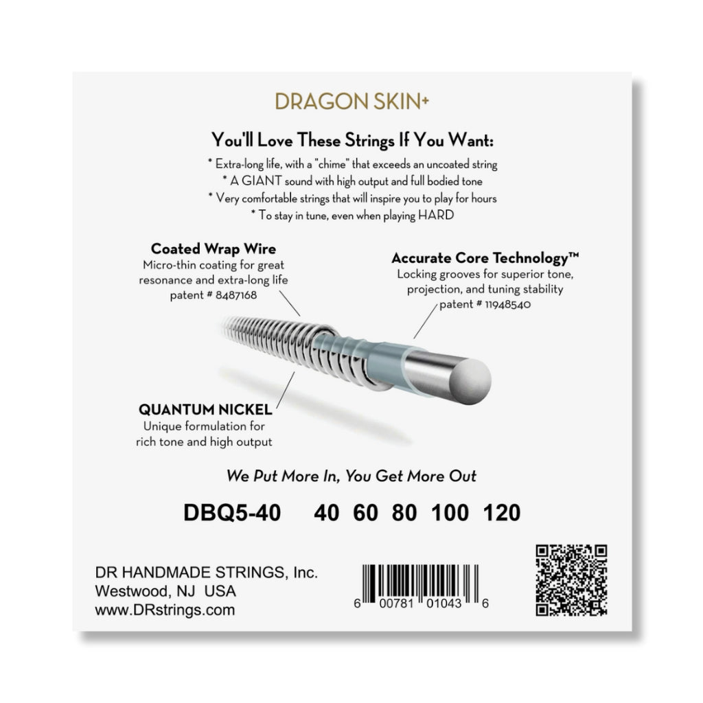 DR Strings Dragon Skin+ Quantum Nickel Bass Strings - 5-String Light 40-120 Guitar Straps Sky Music