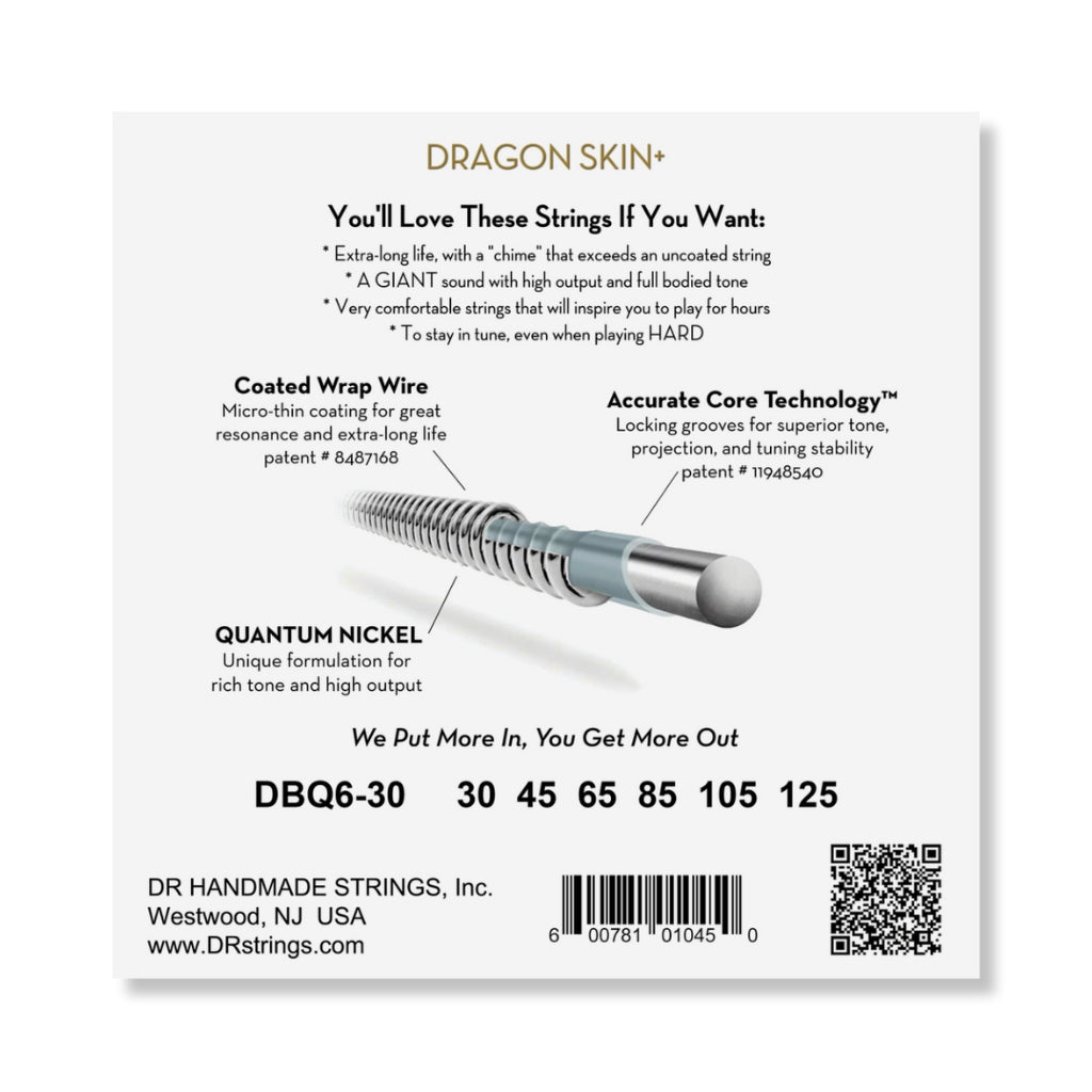 DR Strings Dragon Skin+ Quantum Nickel Bass Strings - 6-String Medium 30-125 Guitar Straps Sky Music