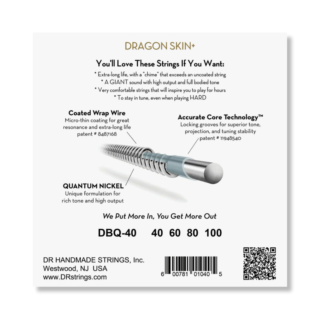 DR Strings Dragon Skin+ Quantum Nickel Bass Strings - Light 40-100 Guitar Straps Sky Music