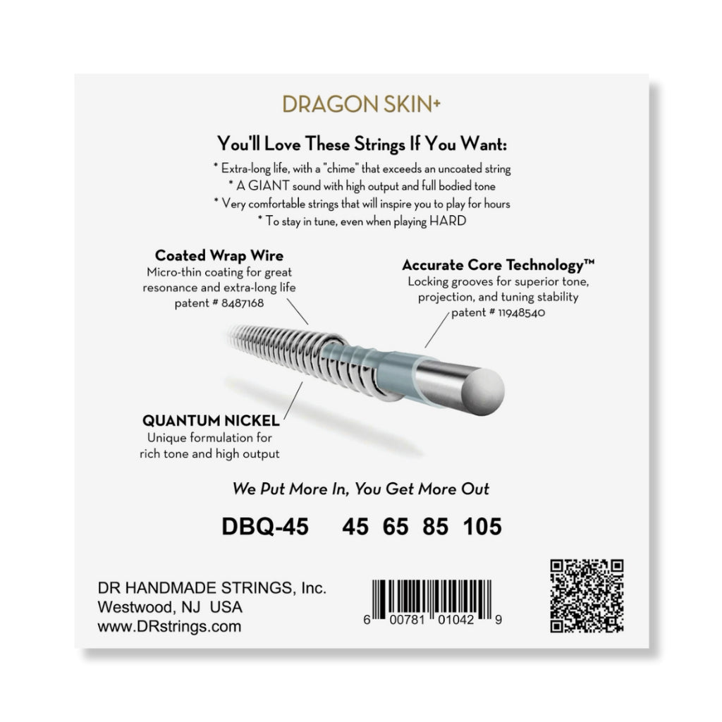 DR Strings Dragon Skin+ Quantum Nickel Bass Strings - Medium 45-105 Guitar Straps Sky Music