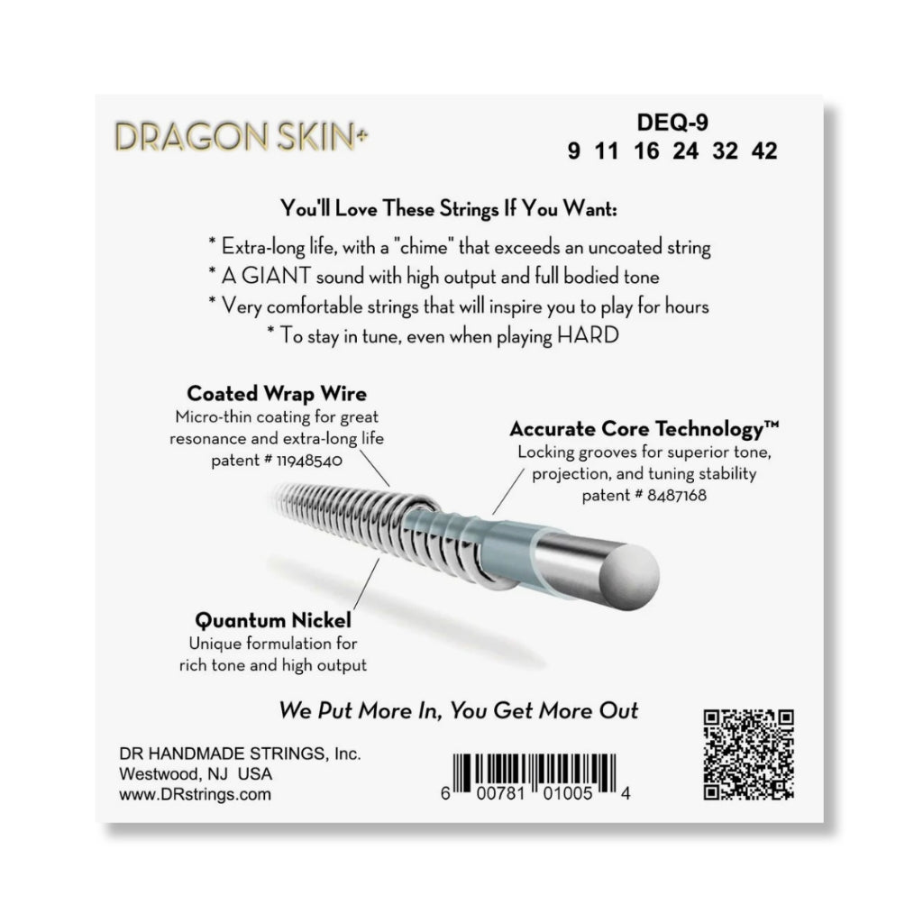 DR Strings Dragon Skin+ Quantum Nickel Electric Guitar Strings - Light 9-42 Guitar Straps Sky Music