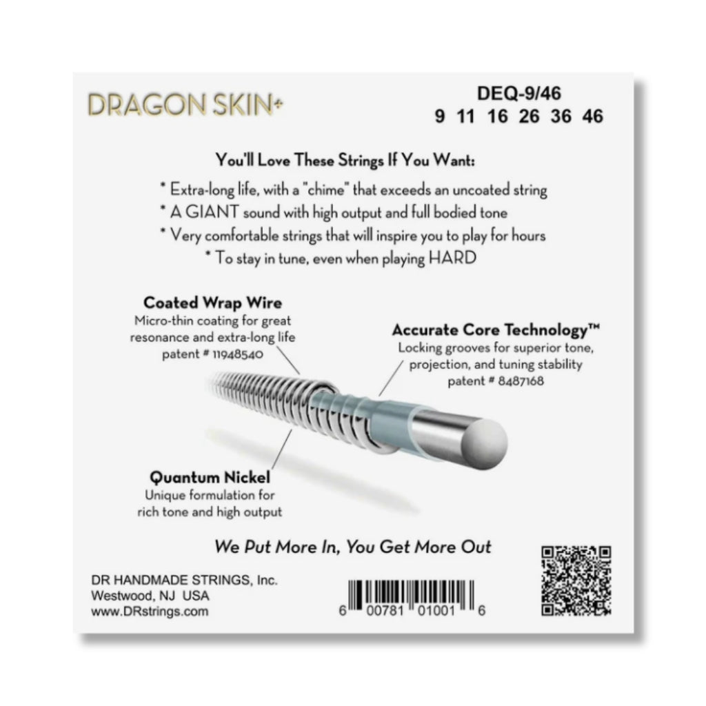DR Strings Dragon Skin+ Quantum Nickel Electric Guitar Strings - Light to Medium 9-46 Guitar Straps Sky Music