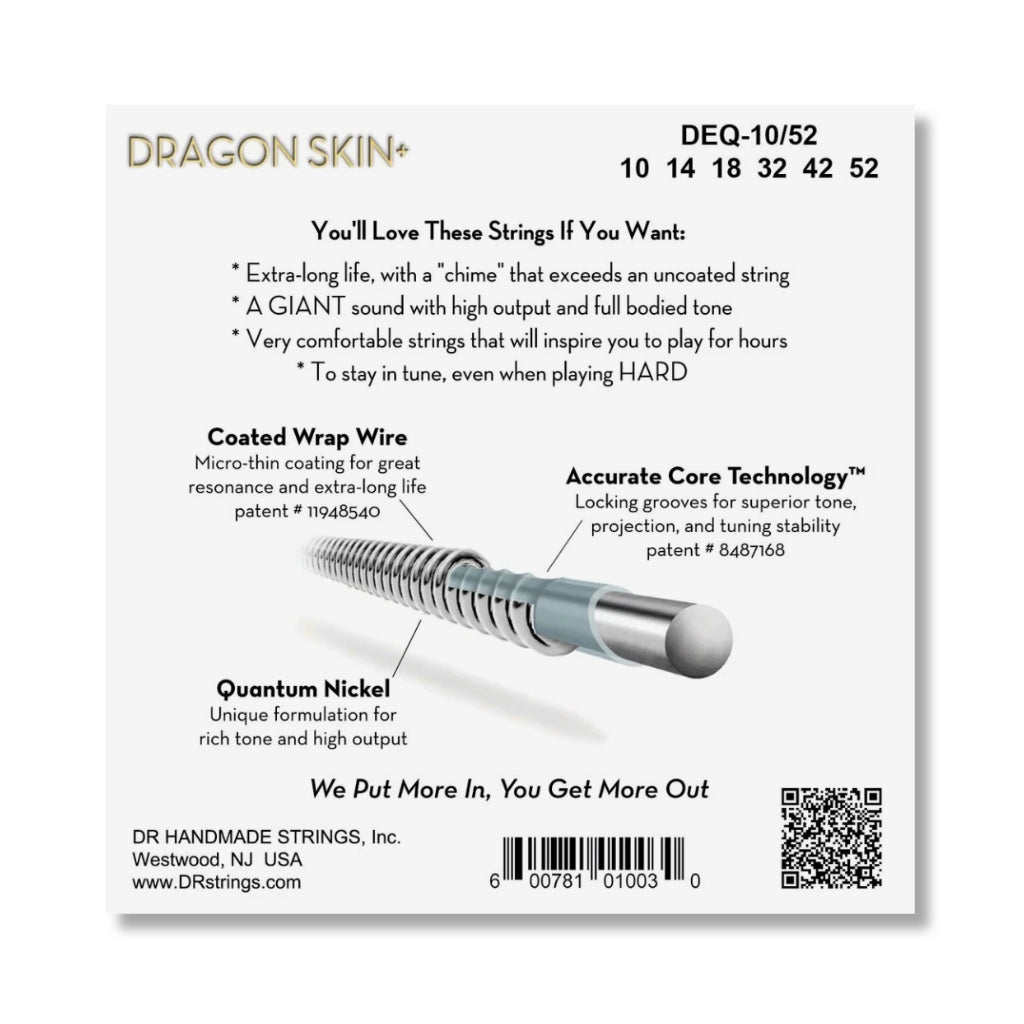 DR Strings Dragon Skin+ Quantum Nickel Electric Guitar Strings - Medium to Heavy 10-52 Guitar Straps Sky Music