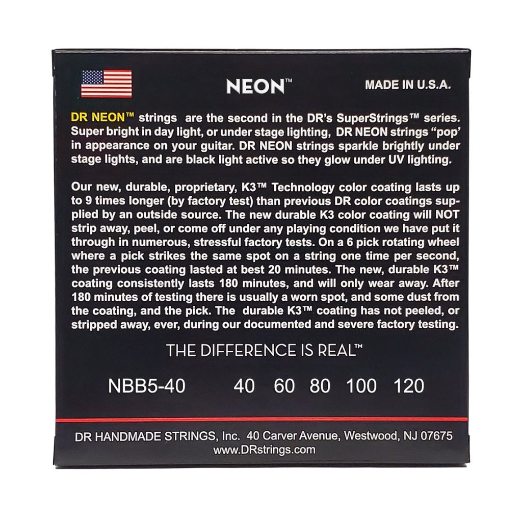 DR Strings Hi-Def Neon Blue K3 Coated 5-string Bass Guitar Strings - Light 40-120 Bass Strings Sky Music