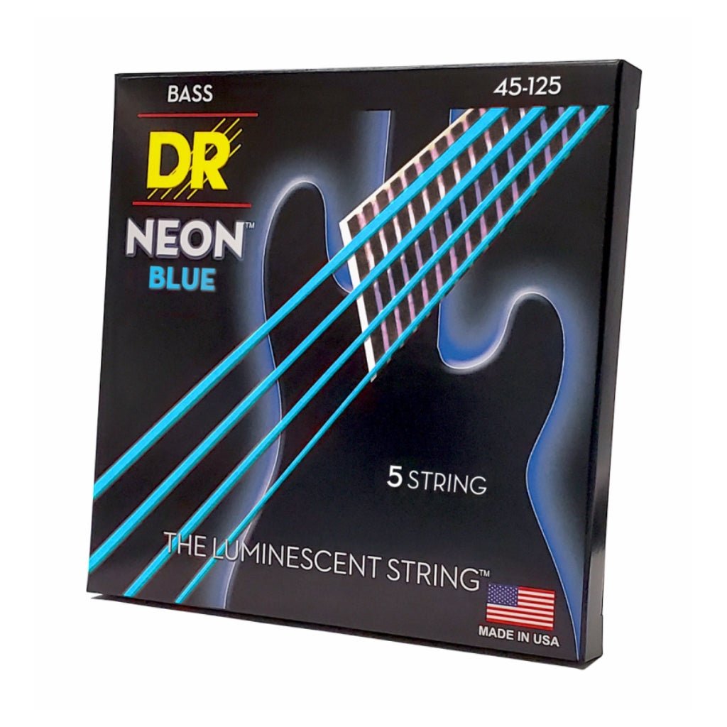 DR Strings Hi-Def Neon Blue K3 Coated 5-string Bass Guitar Strings - Medium 45-125 Bass Strings Sky Music