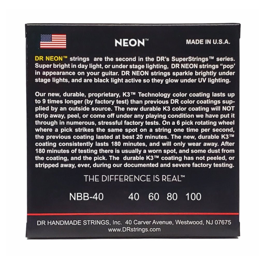 DR Strings Hi-Def Neon Blue K3 Coated Bass Guitar Strings - Light 40-100 Bass Strings Sky Music