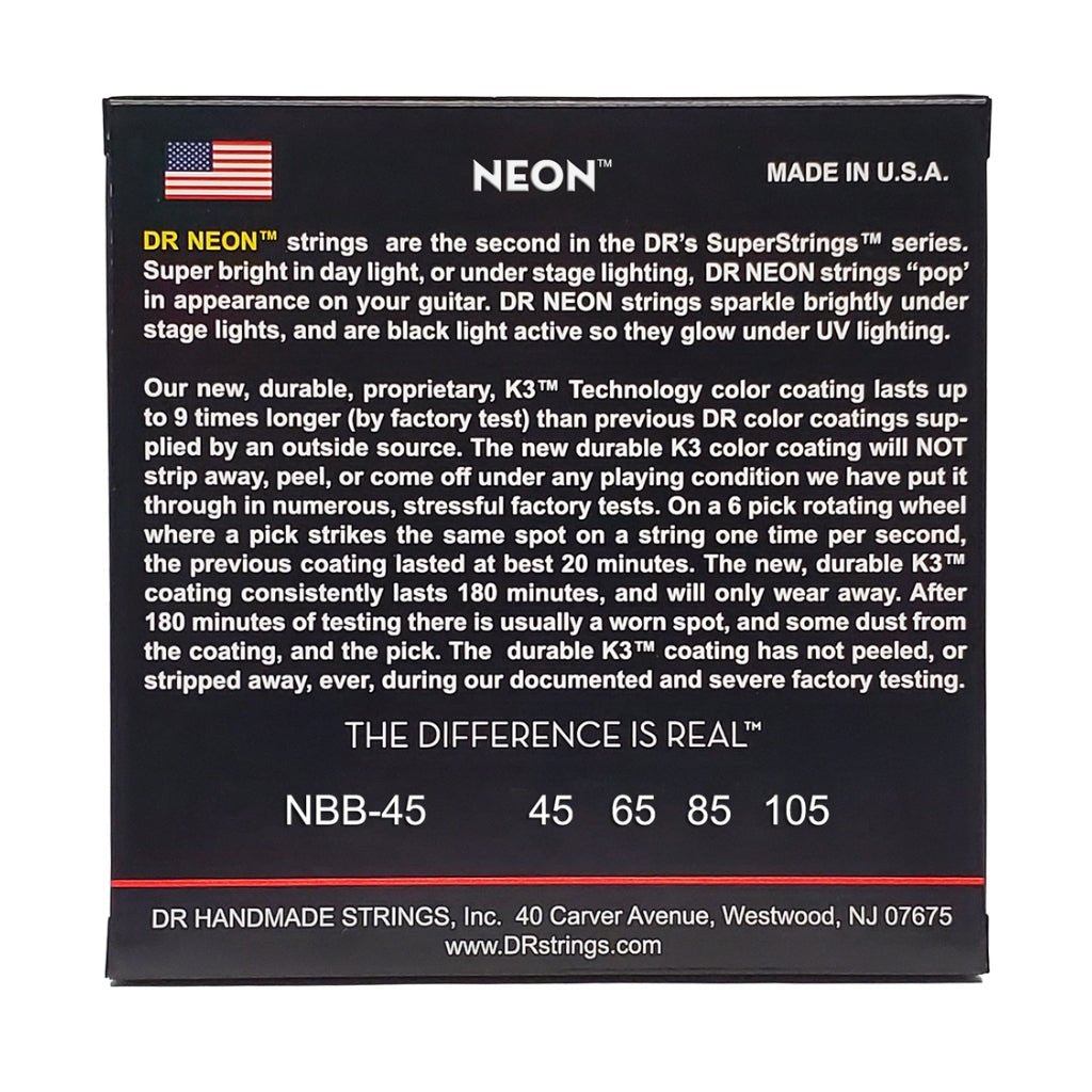DR Strings Hi-Def Neon Blue K3 Coated Bass Guitar Strings - Medium 45-105 Bass Strings Sky Music
