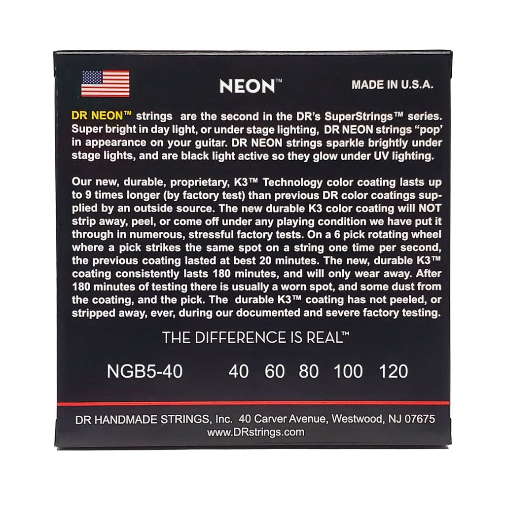 DR Strings Hi-Def Neon Green K3 Coated 5-string Bass Guitar Strings - Light 40-120 Bass Strings Sky Music