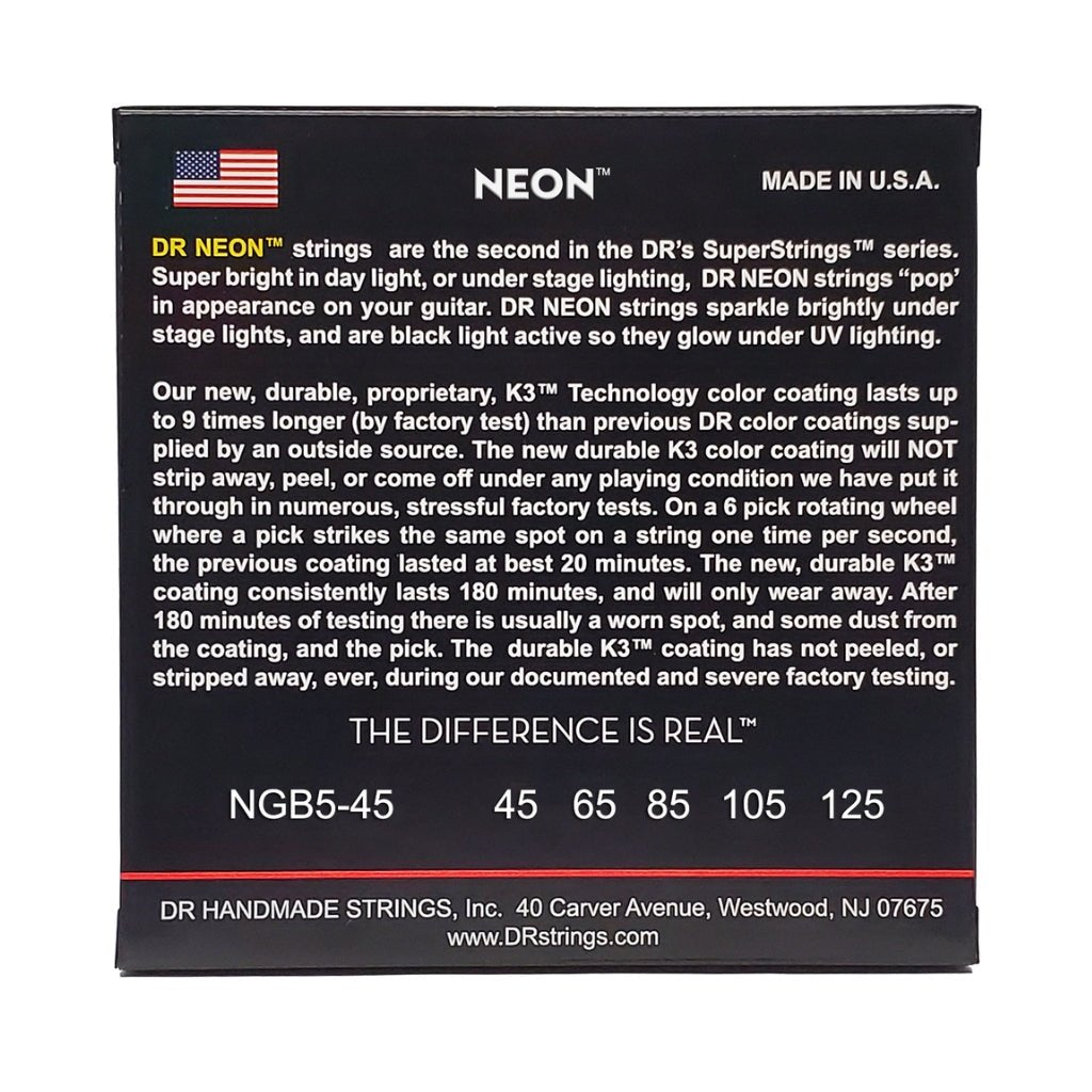 DR Strings Hi-Def Neon Green K3 Coated 5-string Bass Guitar Strings - Medium 45-125 Bass Strings Sky Music