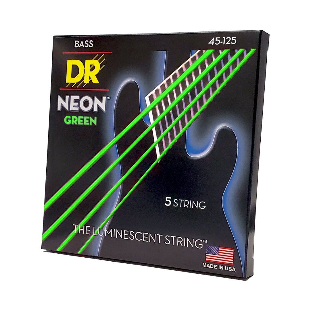 DR Strings Hi-Def Neon Green K3 Coated 5-string Bass Guitar Strings - Medium 45-125 Bass Strings Sky Music
