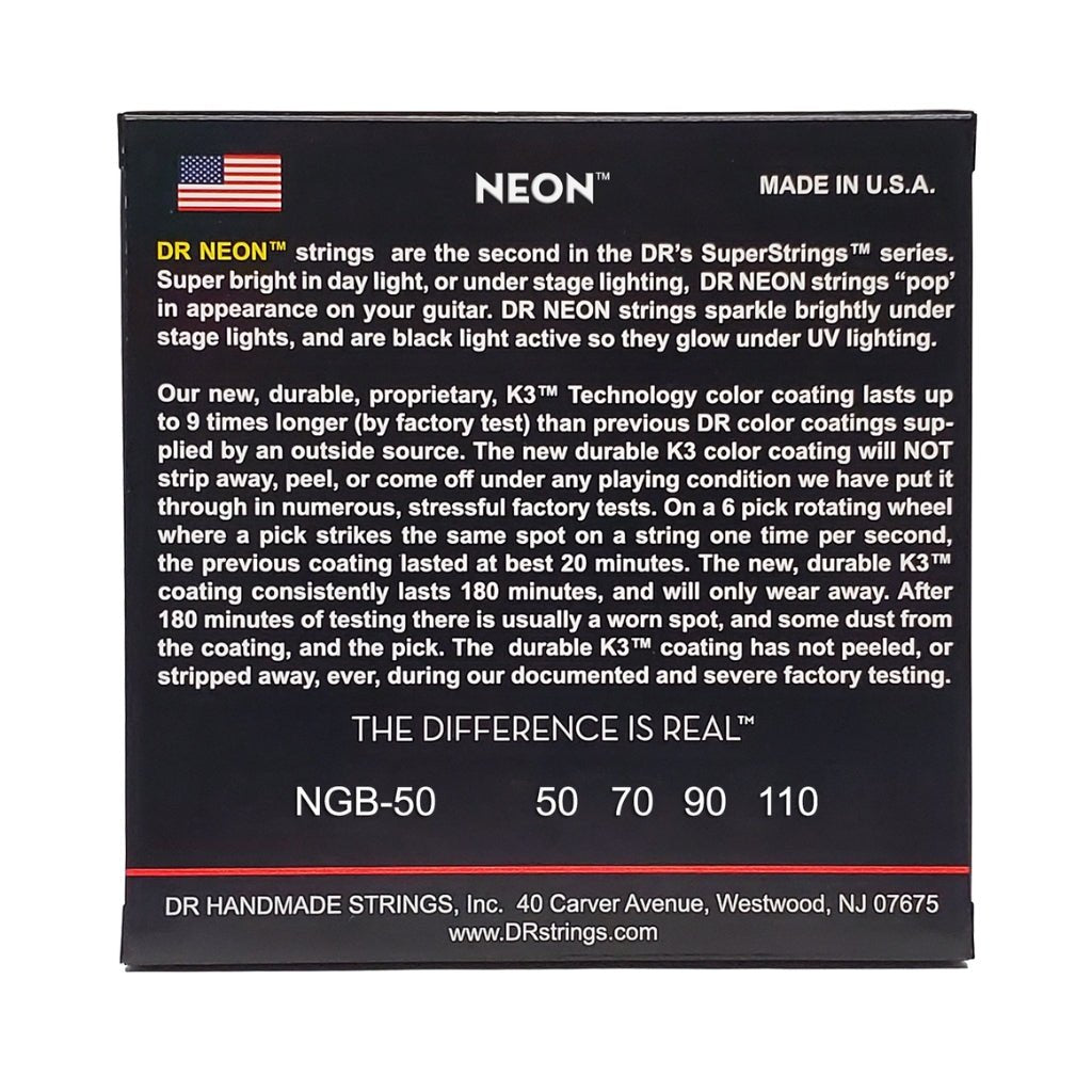DR Strings Hi-Def Neon Green K3 Coated Bass Guitar Strings - Heavy 50-110 Bass Strings Sky Music