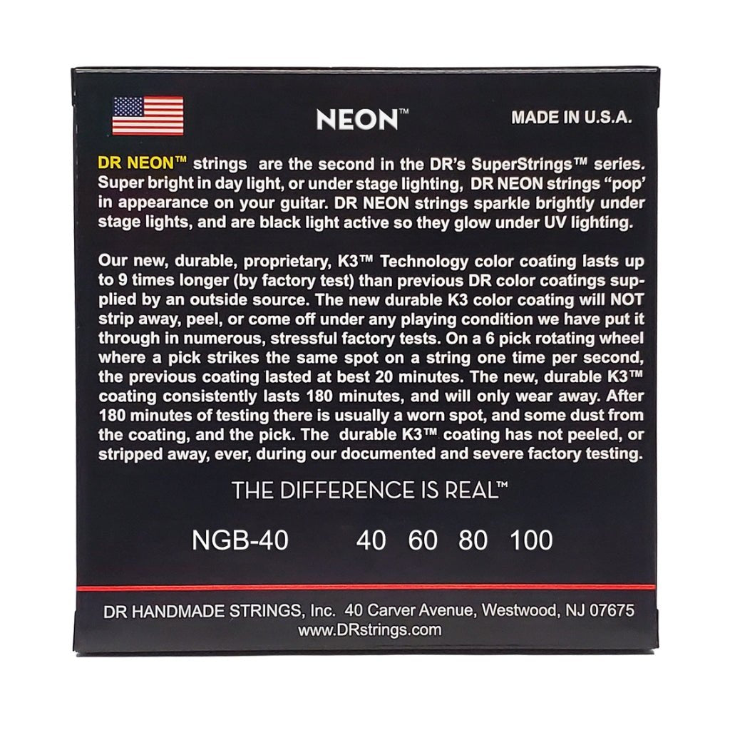 DR Strings Hi-Def Neon Green K3 Coated Bass Guitar Strings - Light 40-100 Bass Strings Sky Music