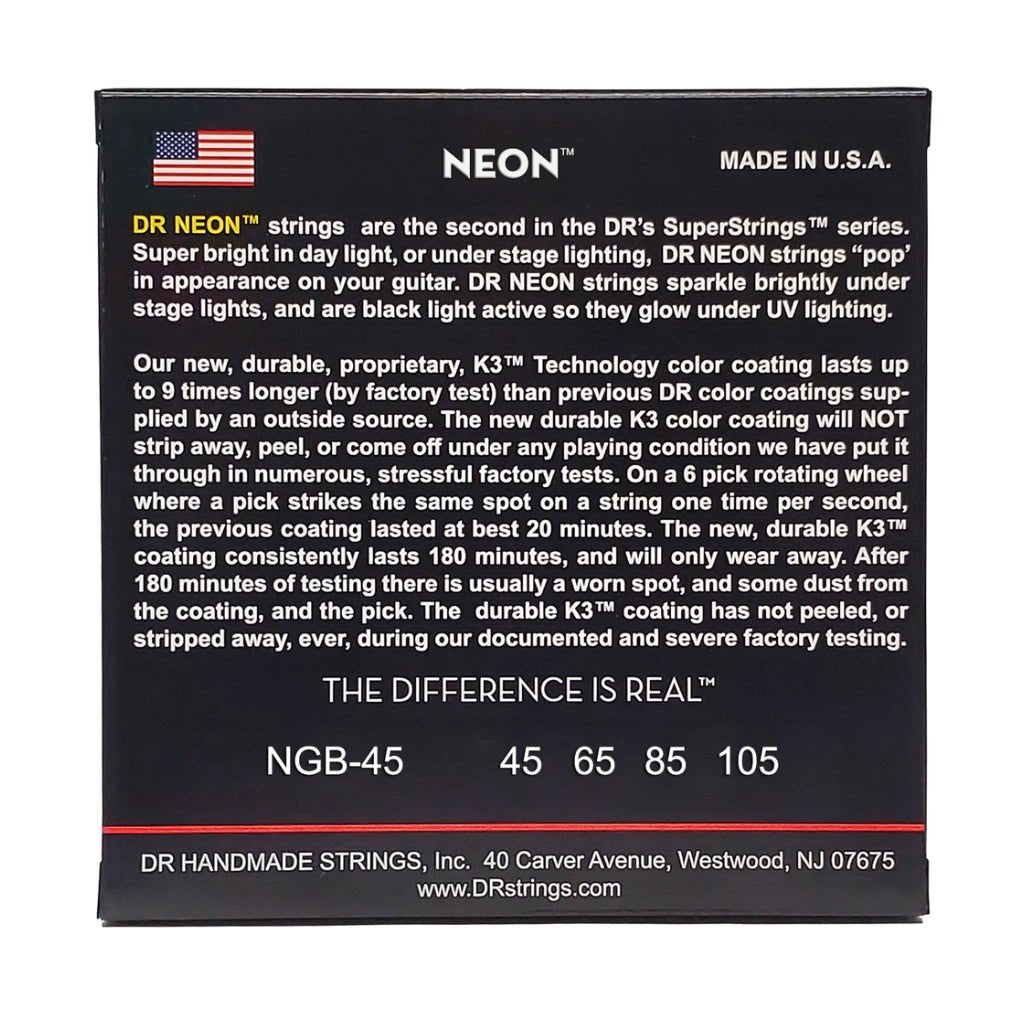 DR Strings Hi-Def Neon Green K3 Coated Bass Guitar Strings - Medium 45-105 Bass Strings Sky Music