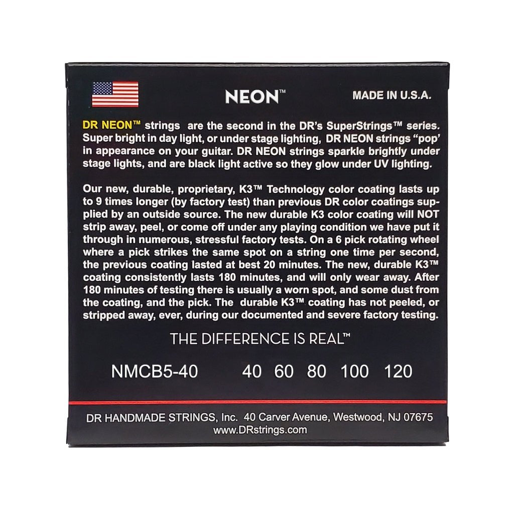 DR Strings Hi-Def Neon Multi-Color K3 Coated 5-string Bass Guitar Strings - Light 40-120 Bass Strings Sky Music