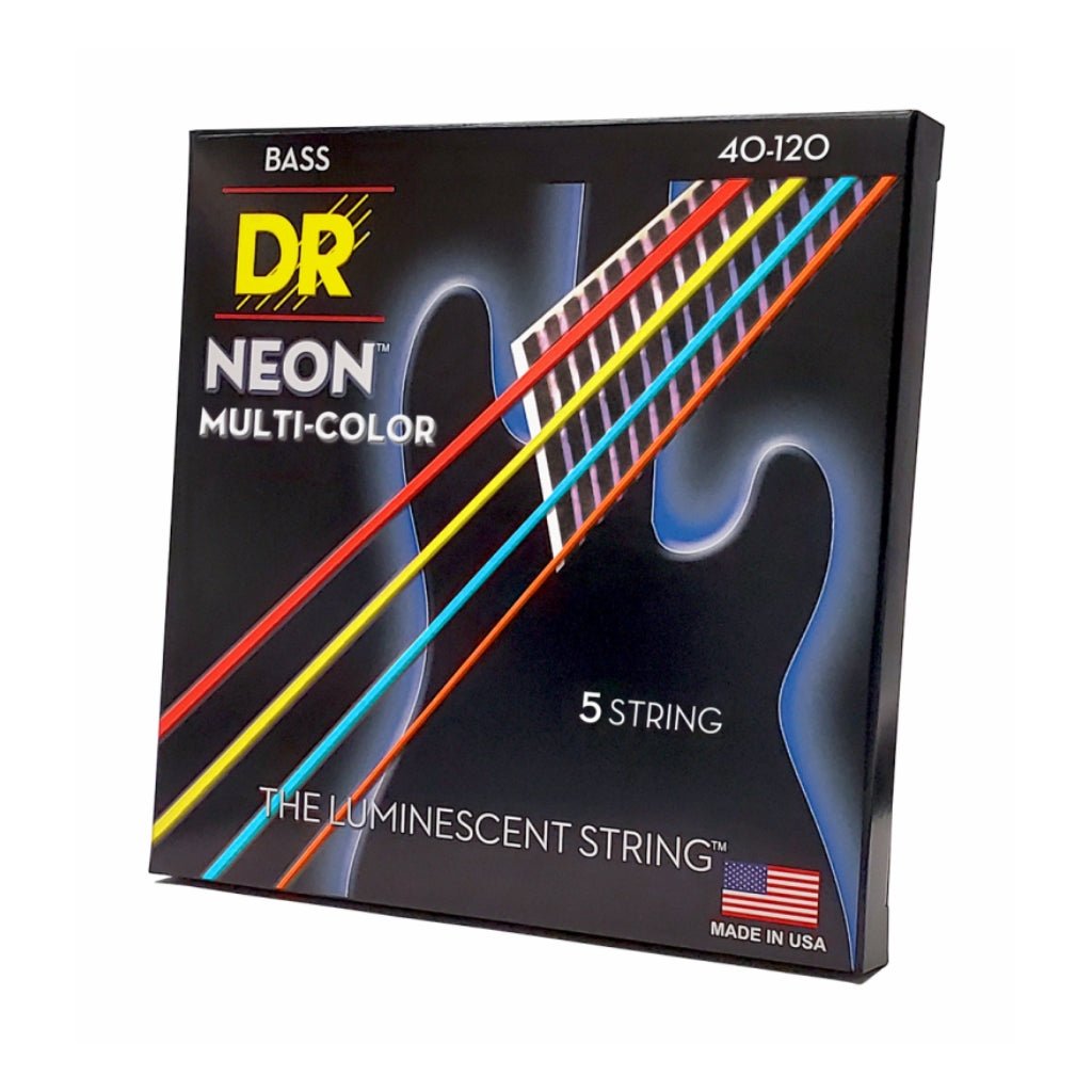DR Strings Hi-Def Neon Multi-Color K3 Coated 5-string Bass Guitar Strings - Light 40-120 Bass Strings Sky Music
