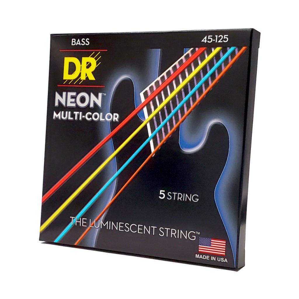 DR Strings Hi-Def Neon Multi-Color K3 Coated 5-string Bass Guitar Strings - Medium 45-125 Bass Strings Sky Music